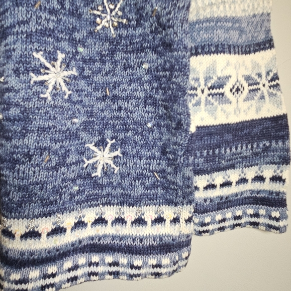 Snowflake Embellished Sequins Sweater Zip Cardigan Blue White Fairisle Winter - Picture 6 of 13